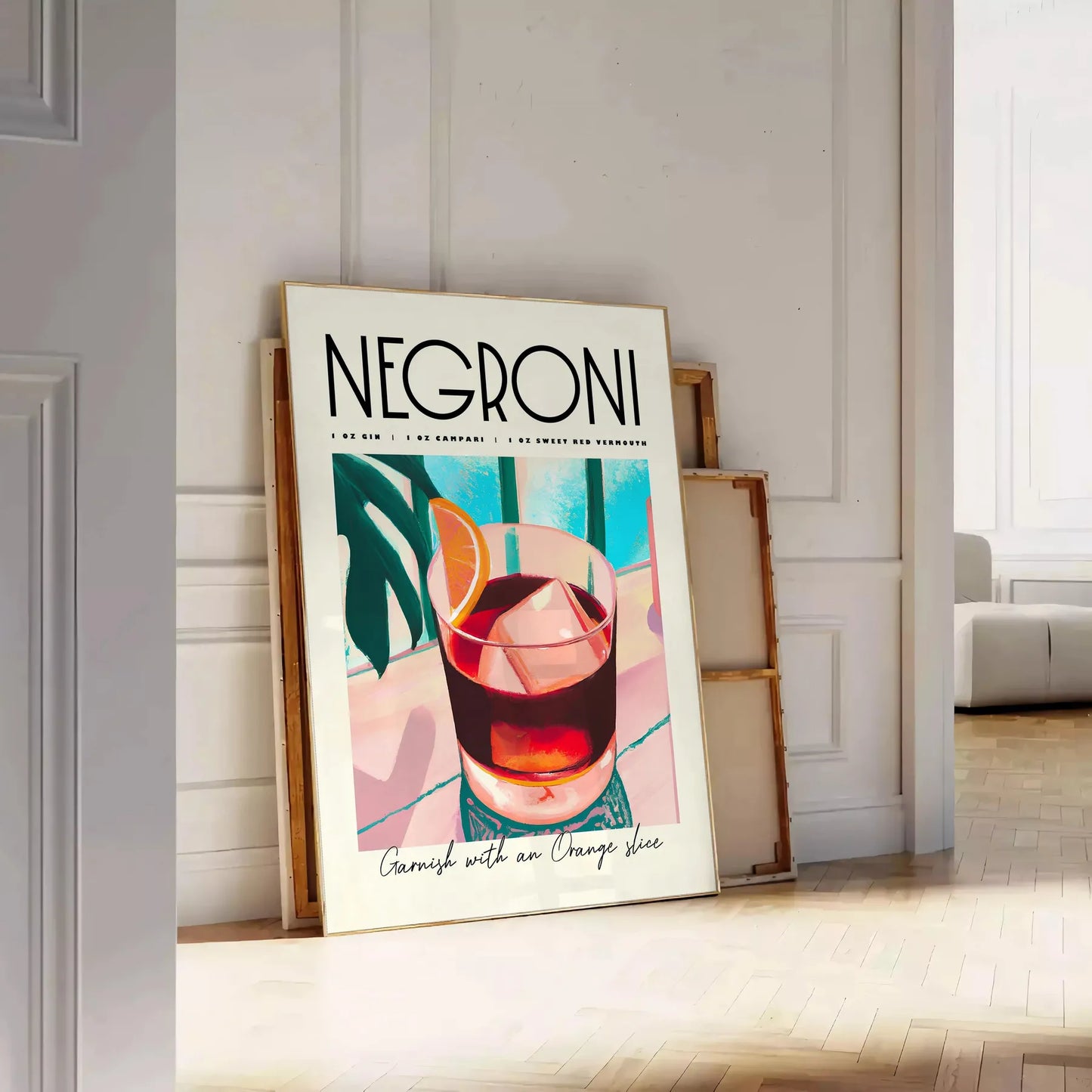 space vibrant negroni cocktail art poster blue orange hues stylish wall piece unique gift idea home bar kitchen artwork essence mixology standalone print