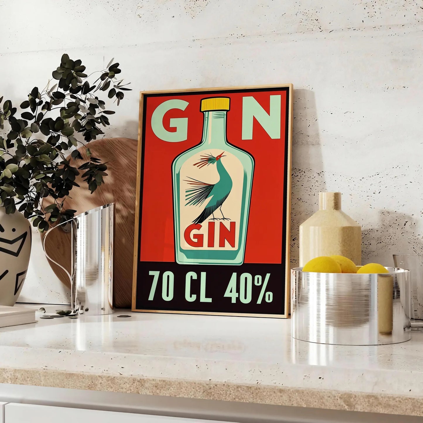 space vibrant Gin Cocktail Poster bold blend orange red hues spirit mixology enthusiasts modern décor lovers style preferences