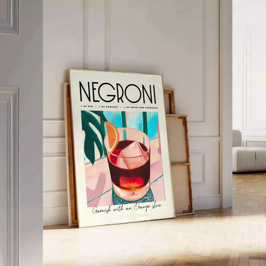 space vibrant negroni cocktail art poster blue orange hues stylish wall piece unique gift idea home bar kitchen artwork essence mixology standalone print